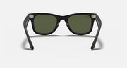 Wayfarer-style sunglasses with dark green lenses and black frame, front with visible arms