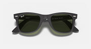 Wayfarer-style sunglasses with dark green lenses and black frame, centered front view