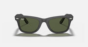 Wayfarer-style sunglasses with dark green lenses and black frame, straight-on front view