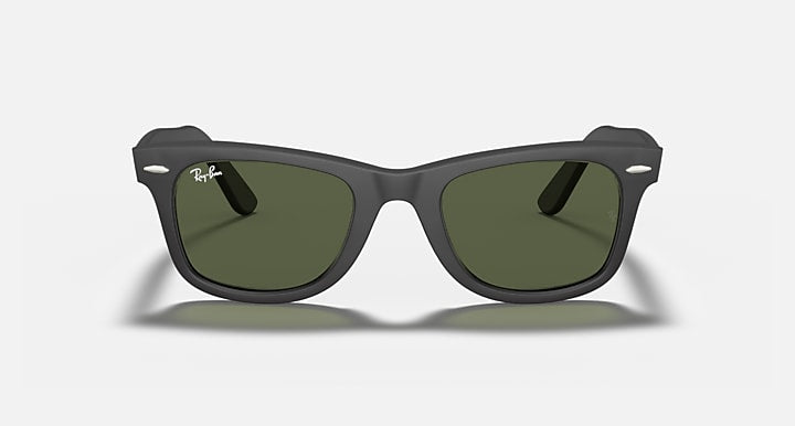 Wayfarer-style sunglasses with dark green lenses and black frame, straight-on front view