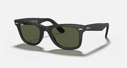 Wayfarer-style sunglasses with dark green lenses and black full-frame, front view