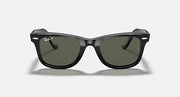 Wayfarer-style sunglasses with dark green lenses and black frame, front view with bridge
