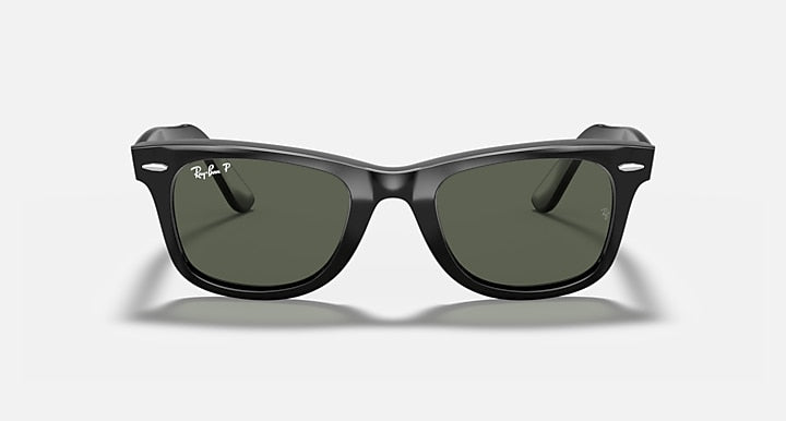 Wayfarer-style sunglasses with dark green lenses and black frame, front view with bridge