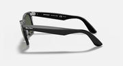 Wayfarer-style sunglasses with dark green lenses and black frame, side view of temple