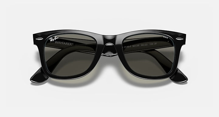 Ray-Ban Wayfarer sunglasses with black frames and dark-tinted lenses, front view