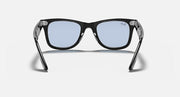 Ray-Ban Wayfarer sunglasses with black frame and light blue lenses, front view.