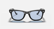 Ray-Ban Wayfarer sunglasses, black frame with light blue lenses, front view.