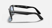 Ray-Ban Wayfarer sunglasses side view with black frame and light blue lenses.