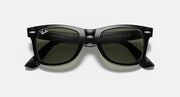 Ray-Ban wayfarer sunglasses, black frame with green lenses, top view