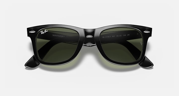 Ray-Ban wayfarer sunglasses, black frame with green lenses, top view