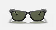 Ray-Ban wayfarer sunglasses, black frame, green lenses, front view