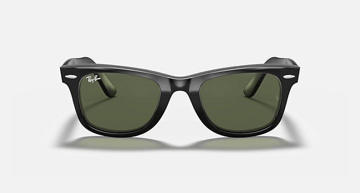 Ray-Ban wayfarer sunglasses, black frame, green lenses, front view