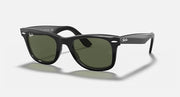 Ray-Ban wayfarer sunglasses with black frame and green tinted lenses