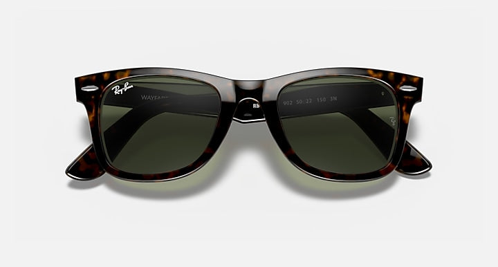 Ray-Ban wayfarer sunglasses, tortoise frame with green lenses, top view