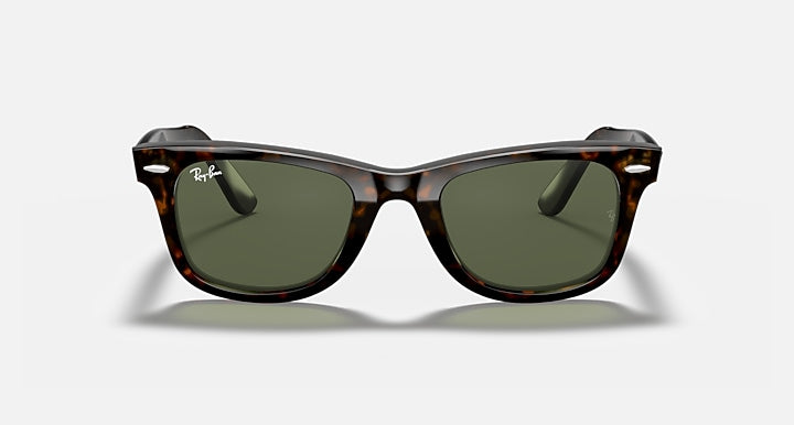 Ray-Ban wayfarer sunglasses, tortoise frame, green lenses, front view