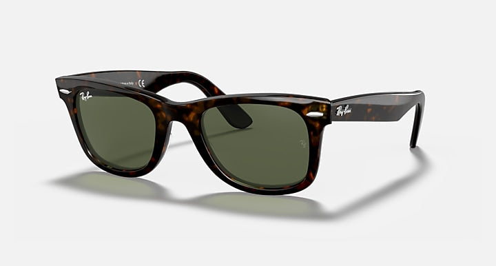 Ray-Ban wayfarer sunglasses with tortoise frame and green tinted lenses