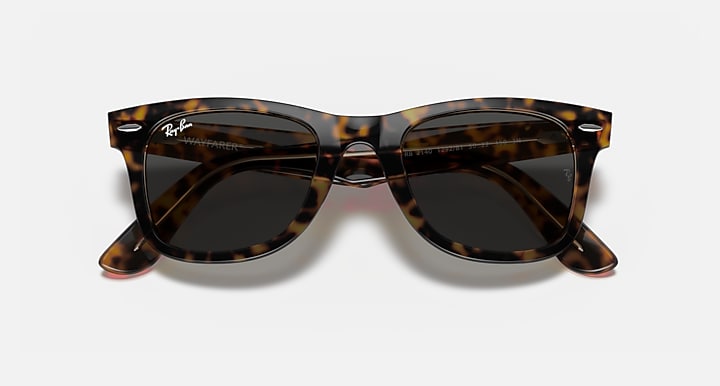 Ray-Ban Original Wayfarer sunglasses with tortoiseshell frame and dark lenses, top view