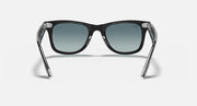 Ray-Ban Original Wayfarer sunglasses with dark frame and teal-tinted lenses, front view