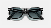Ray-Ban Original Wayfarer sunglasses with black frame and teal-tinted lenses, front view
