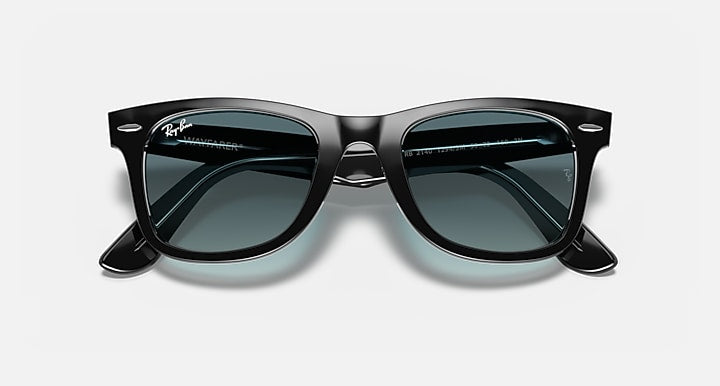 Ray-Ban Original Wayfarer sunglasses with black frame and teal-tinted lenses, front view