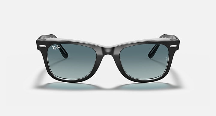 Ray-Ban Original Wayfarer sunglasses with black frame and teal-tinted lenses, front view