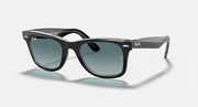 Ray-Ban Original Wayfarer sunglasses with black frame and teal-tinted lenses, side angle