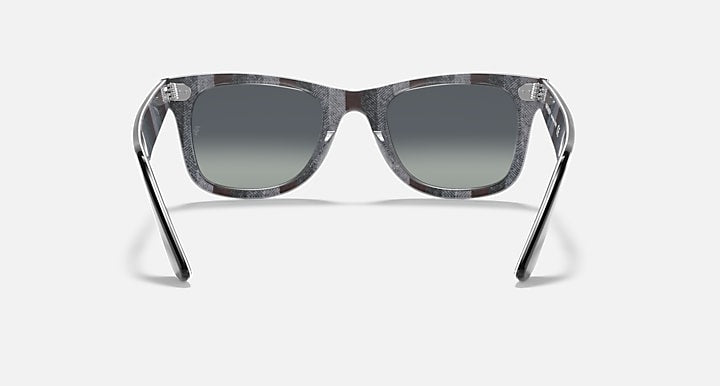 Ray-Ban Wayfarer sunglasses with dark gray lenses and gray patterned frame, front view