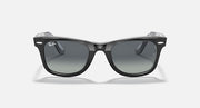Ray-Ban Wayfarer sunglasses with dark gray lenses and glossy black frame, front angle