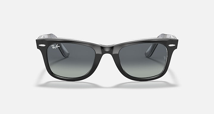 Ray-Ban Wayfarer sunglasses with dark gray lenses and glossy black frame, front angle