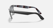 Ray-Ban Wayfarer sunglasses side view with patterned temple and dark gray lenses