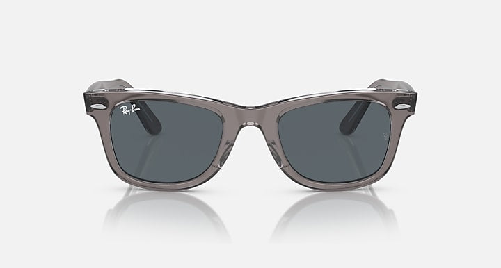Ray-Ban Wayfarer sunglasses, clear grey frame with dark lenses, front view