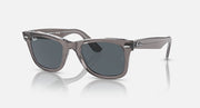 Ray-Ban Wayfarer sunglasses with clear grey frame and blue-tinted lenses