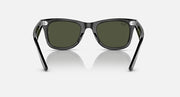 Wayfarer-style sunglasses with dark green lenses and black frame, front view