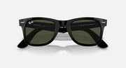 Wayfarer-style sunglasses with black frame, dark lenses, and logo detail