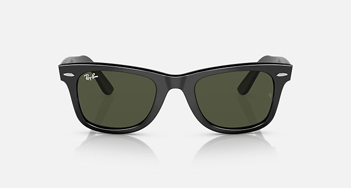 Wayfarer-style sunglasses with matte black frame and dark green lenses
