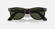 Ray-Ban Wayfarer sunglasses, tortoise frame with dark green lenses and visible branding