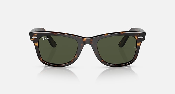 Ray-Ban Wayfarer sunglasses, tortoise frame with dark green lenses, front view