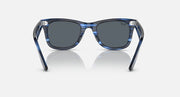 Wayfarer-style sunglasses with blue frame and gray lenses, front view