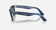 Wayfarer-style sunglasses with blue frame and dark gray lenses, front view