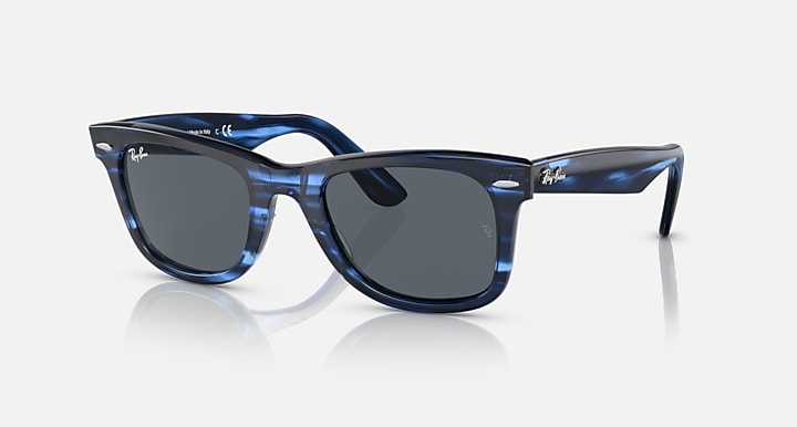 Wayfarer-style sunglasses with blue frame and dark gray lenses, front view