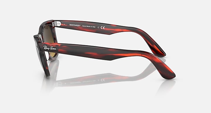 Ray-Ban Wayfarer sunglasses side profile, dark amber lenses, red-brown tortoiseshell frame