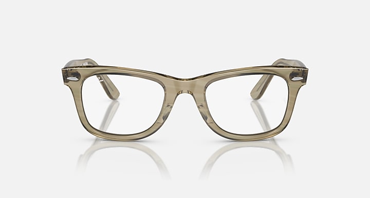 Ray-Ban Wayfarer sunglasses, front view, clear lenses and olive-tinted transparent frame