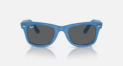 Ray-Ban Wayfarer sunglasses with blue frame and dark lenses, front view
