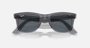 Ray-Ban Wayfarer sunglasses with dark lenses and black frame, angled front view