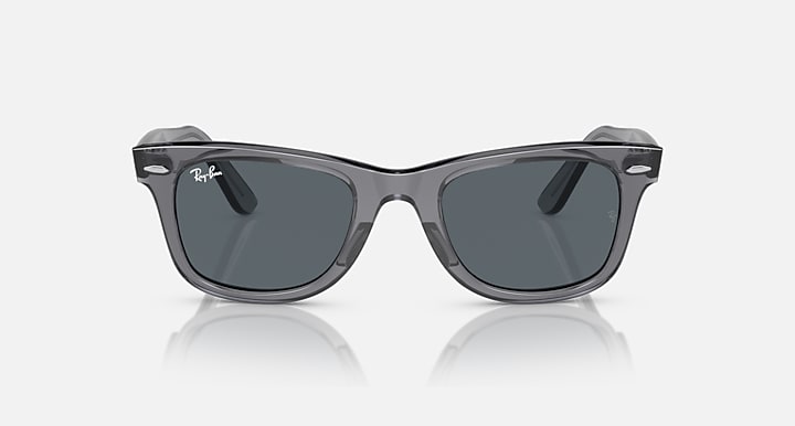 Ray-Ban Wayfarer sunglasses with dark gray lenses and dark acetate frame, straight front view
