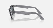 Ray-Ban Wayfarer sunglasses side view with dark gray lenses and translucent dark frame