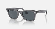 Ray-Ban Wayfarer sunglasses with dark gray lenses and glossy dark frame, front view