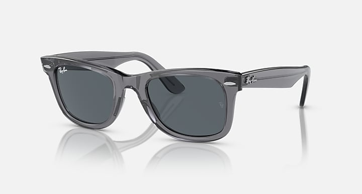 Ray-Ban Wayfarer sunglasses with dark gray lenses and glossy dark frame, front view