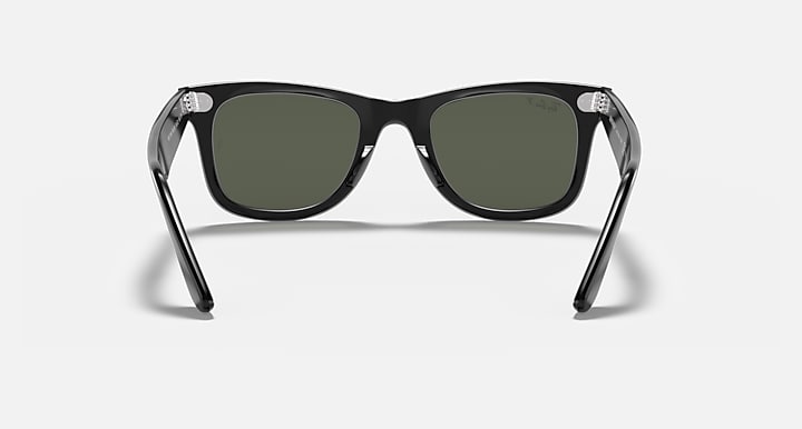 Ray-Ban Wayfarer sunglasses, front view, black frames with dark green lenses