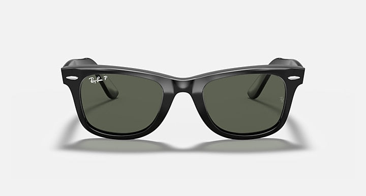 Black Wayfarer sunglasses with dark green lenses, top view